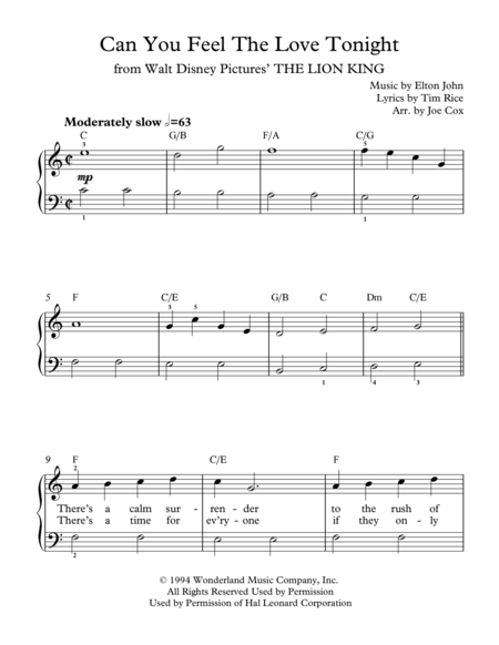 Free Sheet Music Can You Feel The Love Tonight Beginner Edition