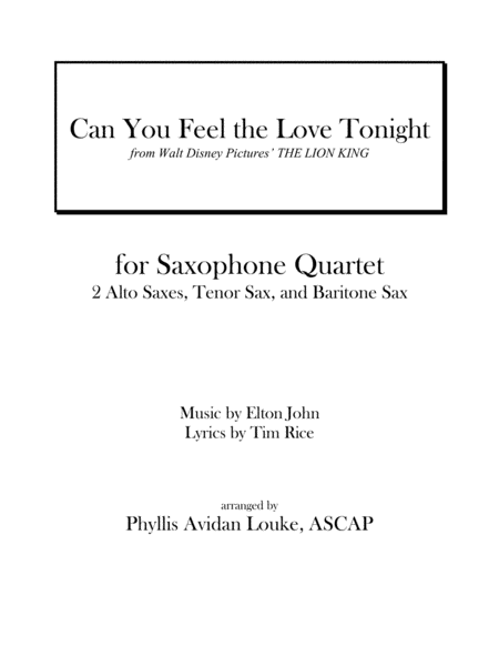 Free Sheet Music Can You Feel The Love Tonight By Elton John For Sax Quartet