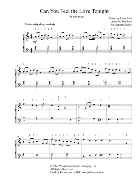 Can You Feel The Love Tonight For Easy Piano Sheet Music