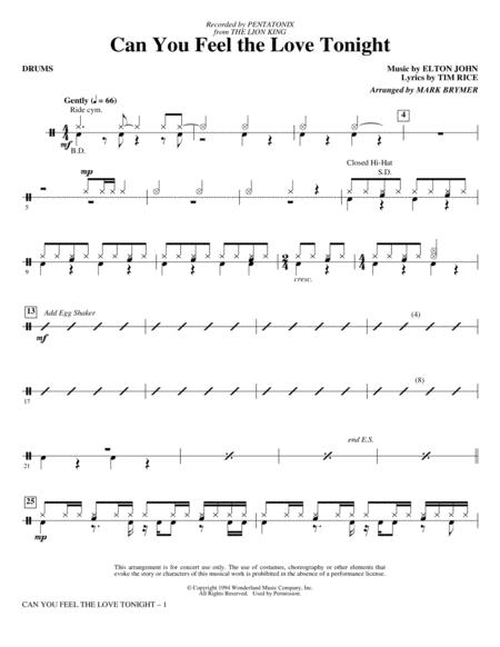 Can You Feel The Love Tonight From The Lion King Arr Mark Brymer Drums Sheet Music