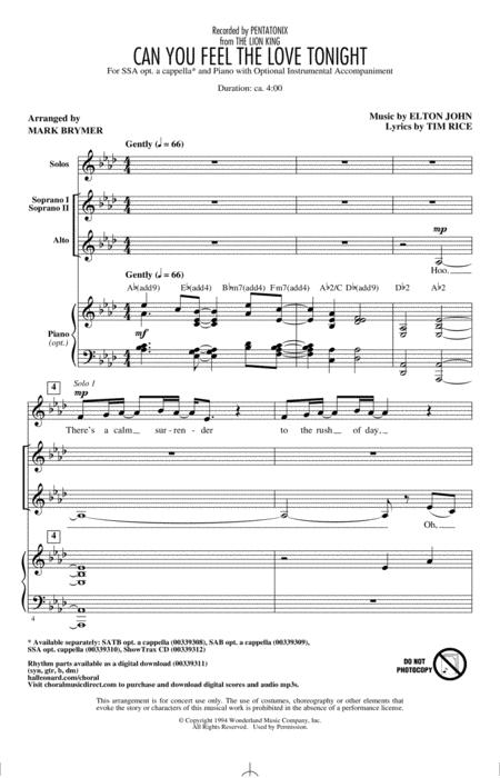 Can You Feel The Love Tonight From The Lion King Arr Mark Brymer Sheet Music