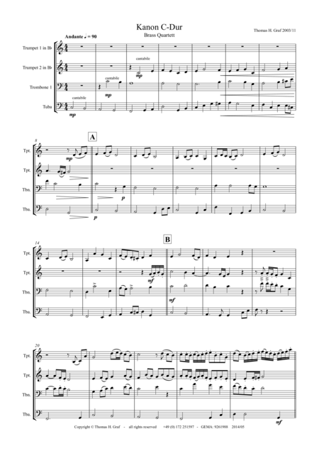 Canon C Major Kanon C Dur Brass Quartet Sheet Music