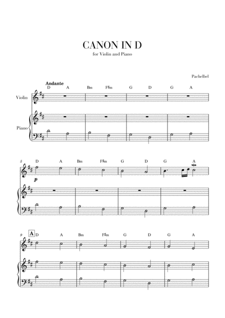 Canon In D For Violin And Very Easy Piano And Chords Sheet Music