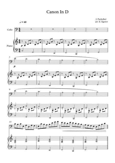 Canon In D Johann Pachelbel For Cello Piano Sheet Music