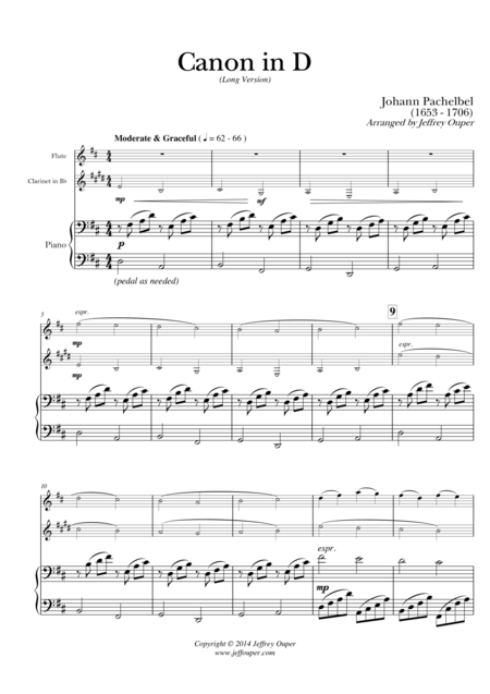 Canon In D Long Version For Flute Clarinet And Piano Sheet Music