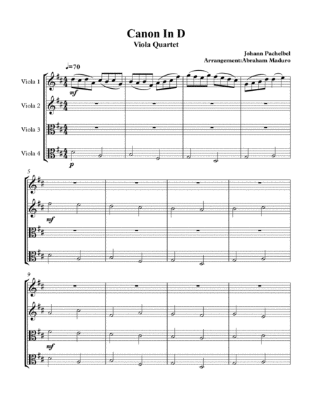 Canon In D Wedding Viola Quartet Sheet Music