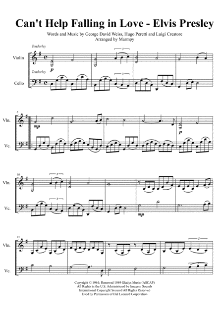 Cant Help Falling In Love Arranged For String Duet Sheet Music