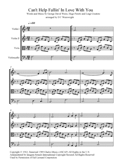 Cant Help Falling In Love Arranged For String Quartet With Score And Parts Mp3 Sheet Music