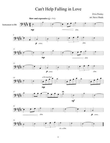 Free Sheet Music Cant Help Falling In Love Bb Instruments Bass Clef