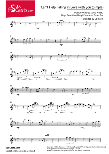 Cant Help Falling In Love Easier Version Bb Instruments Sheet Music