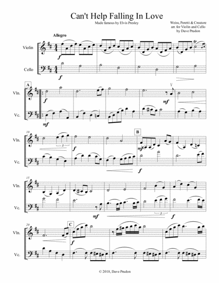 Cant Help Falling In Love For Violin And Cello Sheet Music