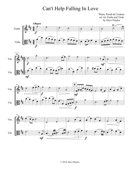 Free Sheet Music Cant Help Falling In Love For Violin And Viola