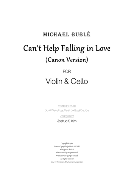 Free Sheet Music Cant Help Falling In Love For Violin Cello Canon Version
