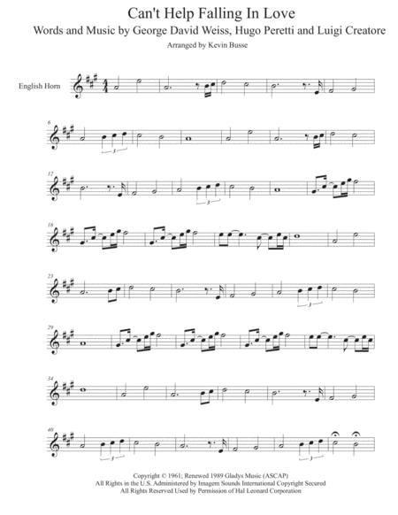 Cant Help Falling In Love Original Key English Horn Sheet Music