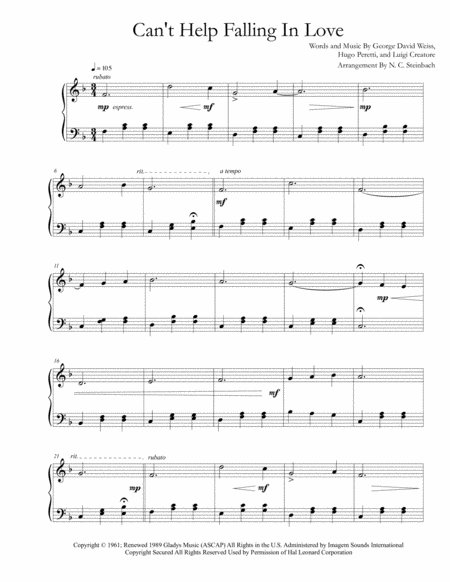 Cant Help Falling In Love Piano Solo Easy Sheet Music