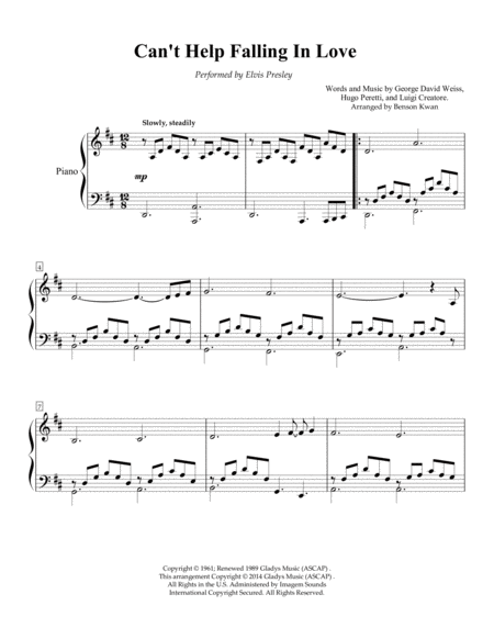 Free Sheet Music Cant Help Falling In Love Piano Solo