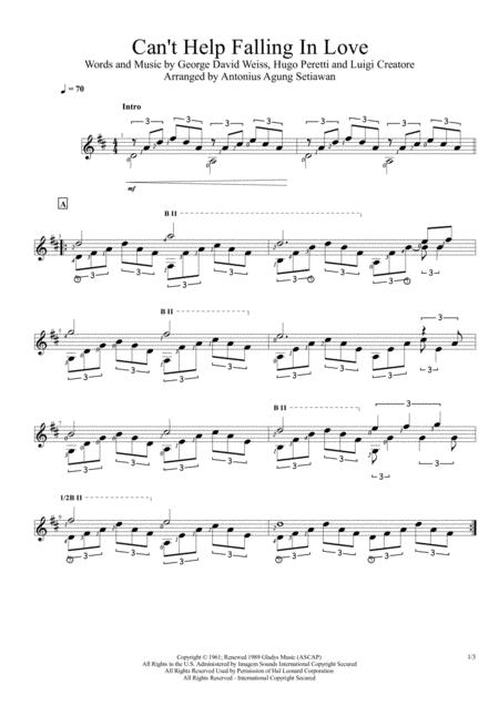 Cant Help Falling In Love Solo Guitar Score Sheet Music