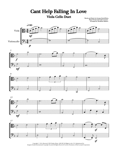 Cant Help Falling In Love Viola Cello Duet Sheet Music