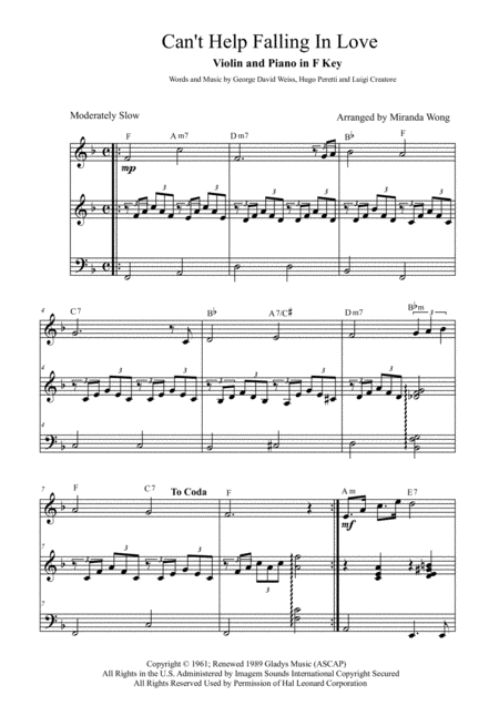 Free Sheet Music Cant Help Falling In Love Violin And Piano In F Key