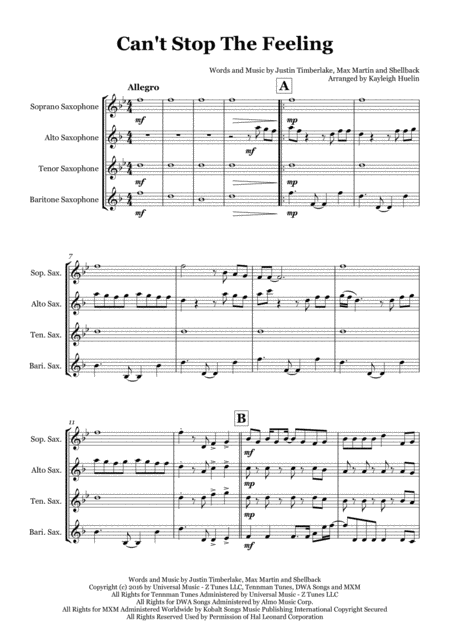 Cant Stop The Feeling By Justin Timberlake From Trolls Saxophone Quartet Satb Sheet Music