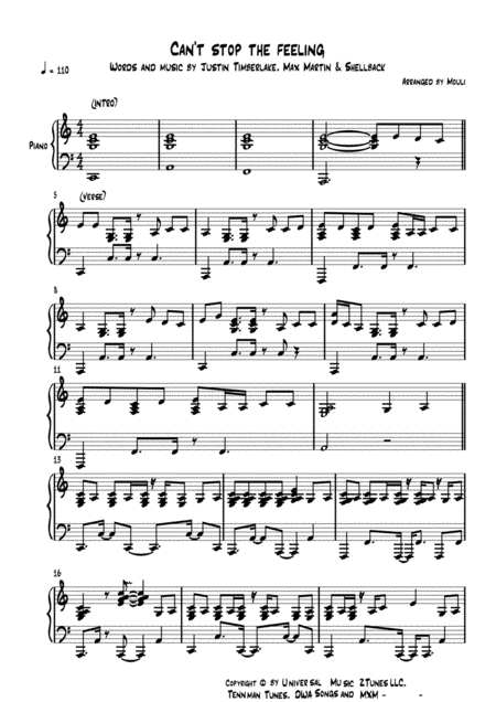 Cant Stop The Feeling By Justin Timberlake Sheet Music