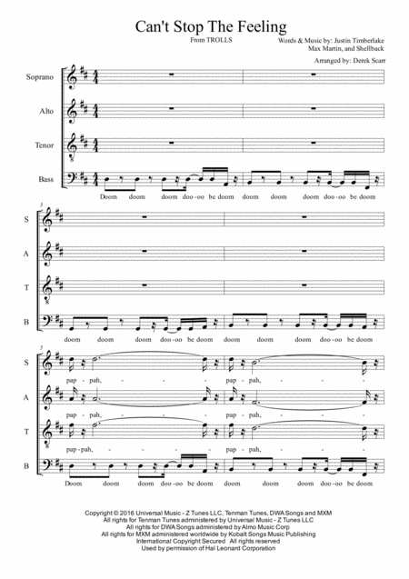 Cant Stop The Feeling From Trolls Satb A Cappella Sheet Music