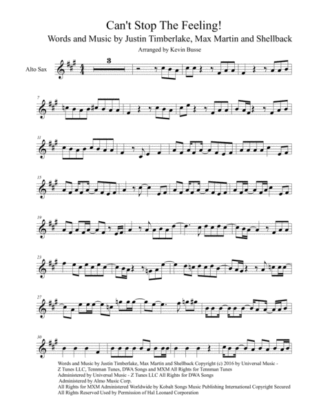 Cant Stop The Feeling Original Key Alto Sax Sheet Music