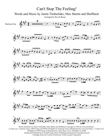 Free Sheet Music Cant Stop The Feeling Original Key Bari Sax