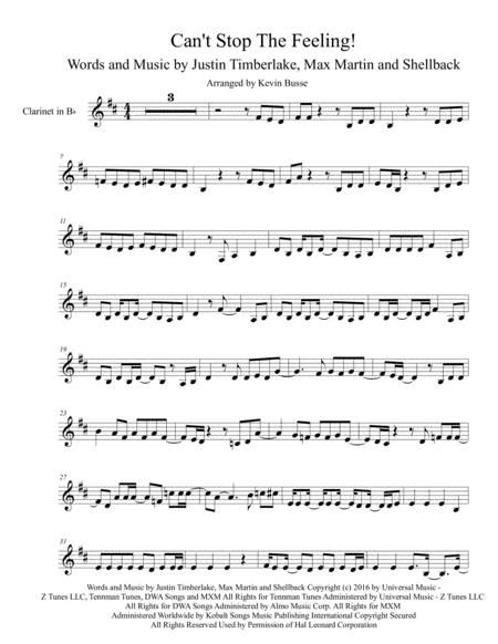 Free Sheet Music Cant Stop The Feeling Original Key Clarinet