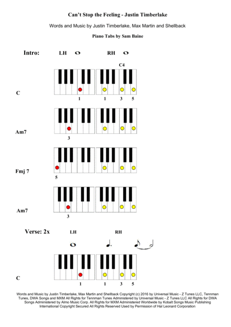 Cant Stop The Feeling Piano Tab Sheet Music