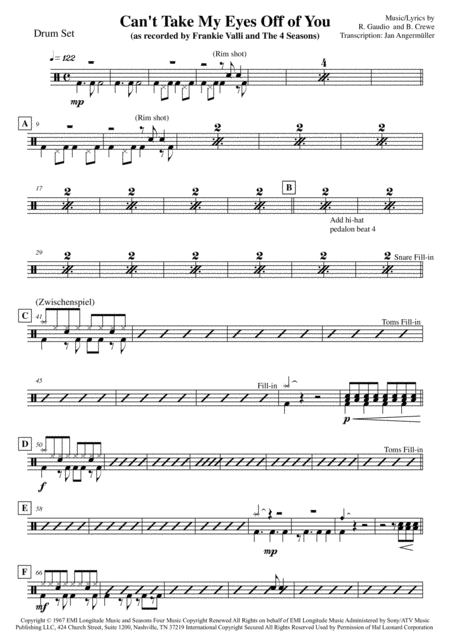 Cant Take My Eyes Off Of You Drum Set Transcription Of Original Frankie Valli Recording Sheet Music