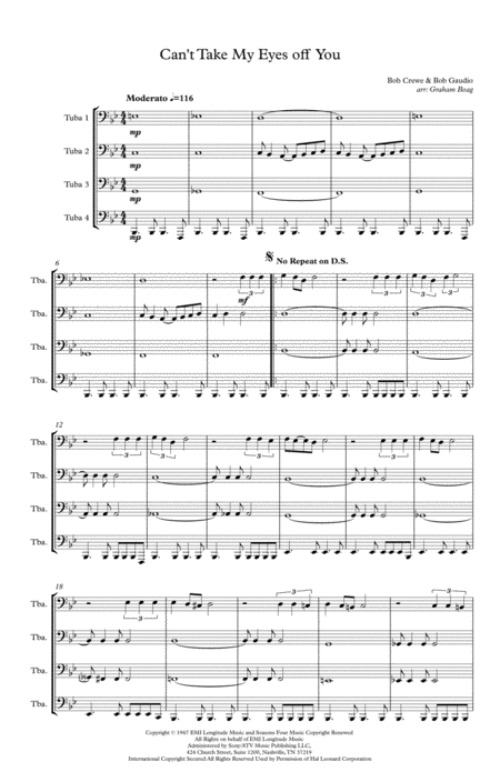 Cant Take My Eyes Off Of You For Tuba Quartet Sheet Music