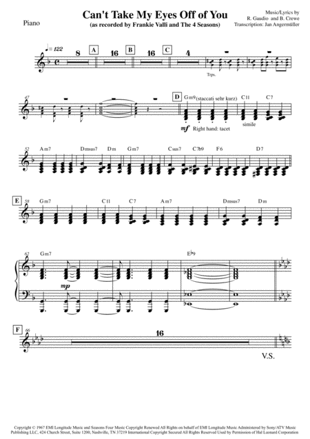 Cant Take My Eyes Off Of You Piano Transcription Of Original Frankie Valli Recording Sheet Music