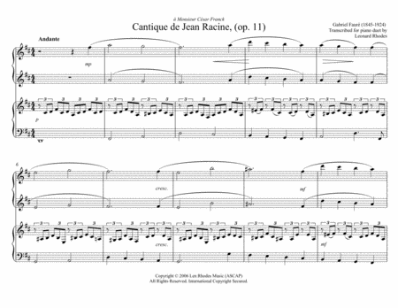 Cantique De Jean Racine Gabriel Faur For Piano Duet Four Hands One Piano Sheet Music