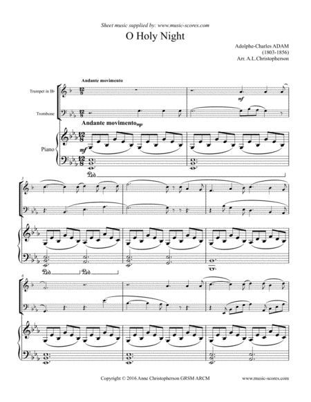 Free Sheet Music Cantique De Noel O Holy Night Trumpet Trombone Piano Eb