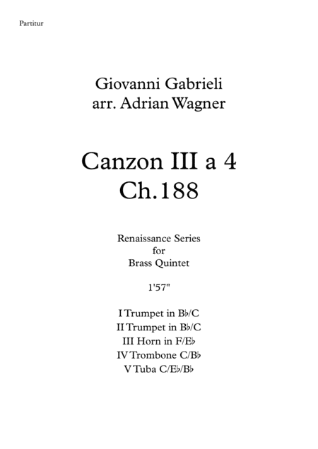 Canzon Iii A 4 Ch 188 Giovanni Gabrieli Brass Quintet Arr Adrian Wagner Sheet Music