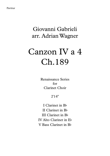 Canzon Iv A 4 Ch 189 Giovanni Gabrieli Clarinet Choir Arr Adrian Wagner Sheet Music