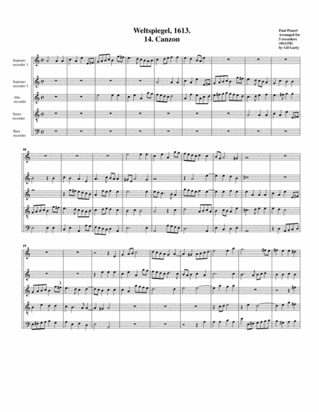 Canzon No 14 A5 Weltspiegel 1613 Arrangement For 5 Recorders Sheet Music