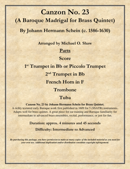 Free Sheet Music Canzon No 23 A Baroque Madrigal By Johann Hermann Schein For Brass Quintet