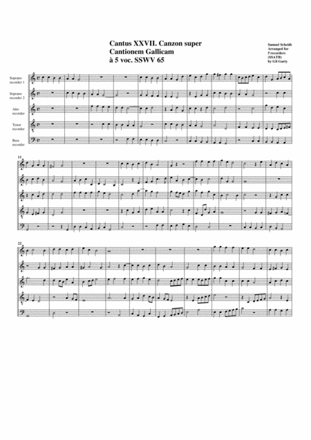 Canzon Super Cantionem Gallicam Sswv 65 Arrangement For 5 Recorders Sheet Music