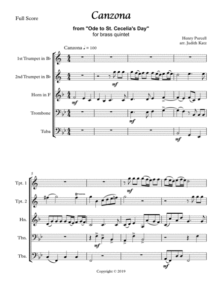 Free Sheet Music Canzona From Ode To St Cecelias Day For Brass Quintet