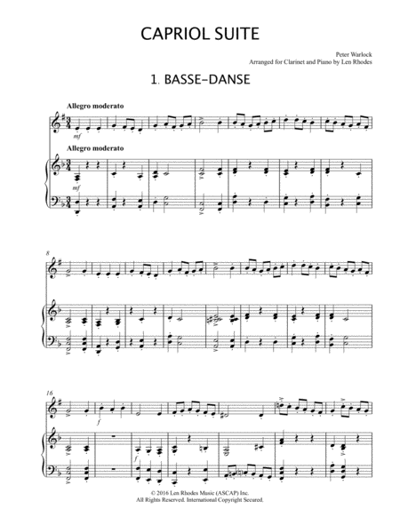 Free Sheet Music Capriol Suite Peter Warlock For Clarinet And Piano