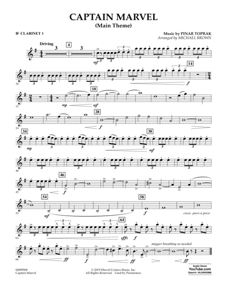 Captain Marvel Main Theme Arr Michael Brown Bb Clarinet 1 Sheet Music