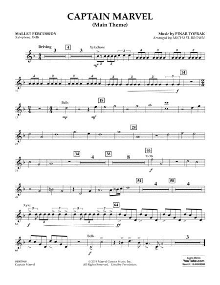 Captain Marvel Main Theme Arr Michael Brown Mallet Percussion Sheet Music