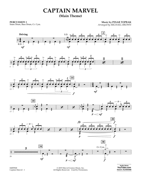 Captain Marvel Main Theme Arr Michael Brown Percussion 1 Sheet Music