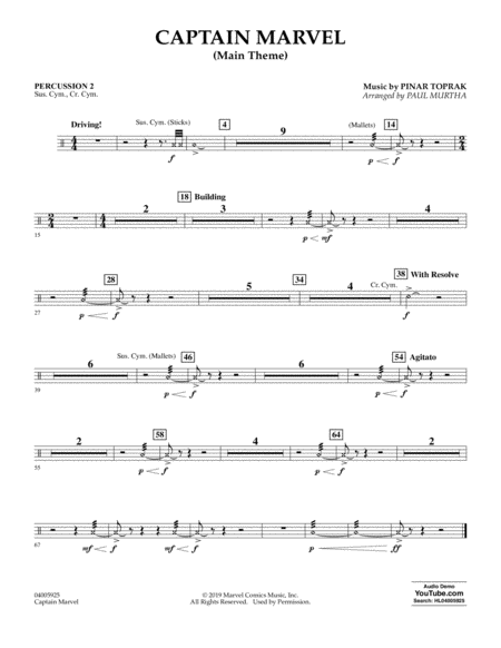 Free Sheet Music Captain Marvel Main Theme Arr Paul Murtha Percussion 2