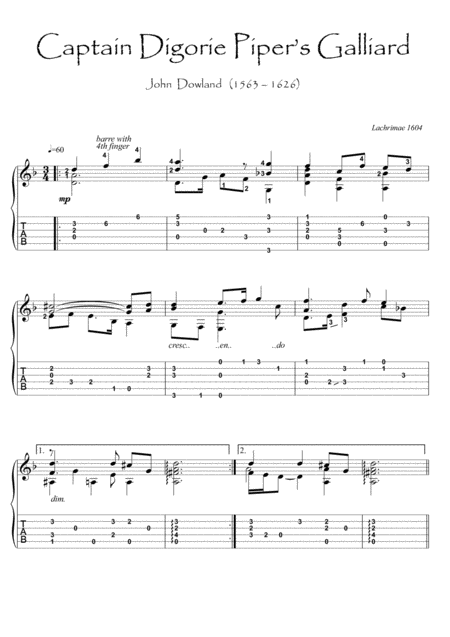 Free Sheet Music Captain Piper By Dowland Guitar Solo