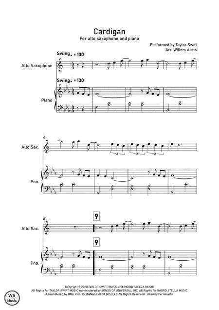 Cardigan By Taylor Swift Alto Saxophone And Piano Sheet Music