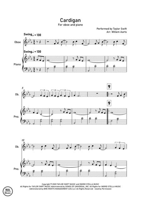 Cardigan By Taylor Swift Oboe And Piano Sheet Music