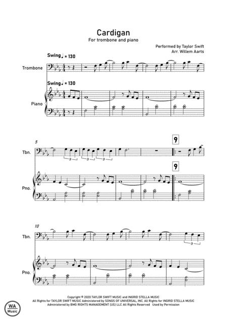 Cardigan By Taylor Swift Trombone And Piano Sheet Music